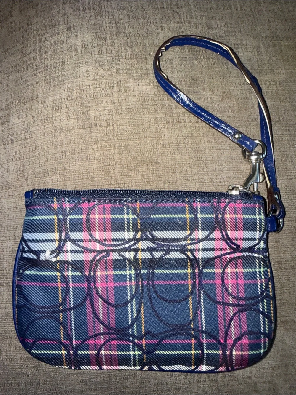Coach Tartan Plaid blue and Pink Wristlet